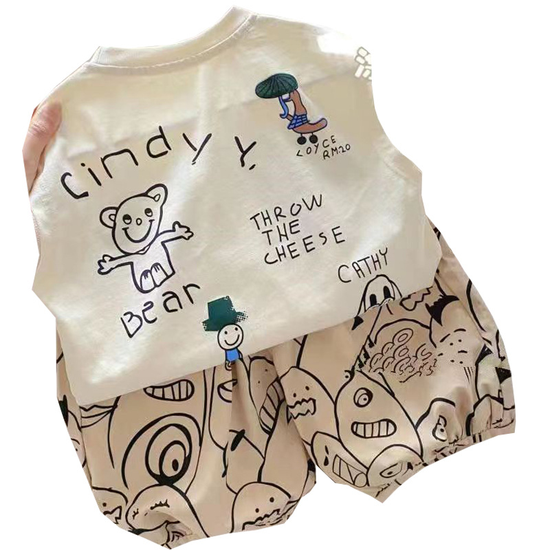 New 2024 summer Korean style graffiti pants and vest set for boys and girls, stylish and casual two-piece set Item Picture