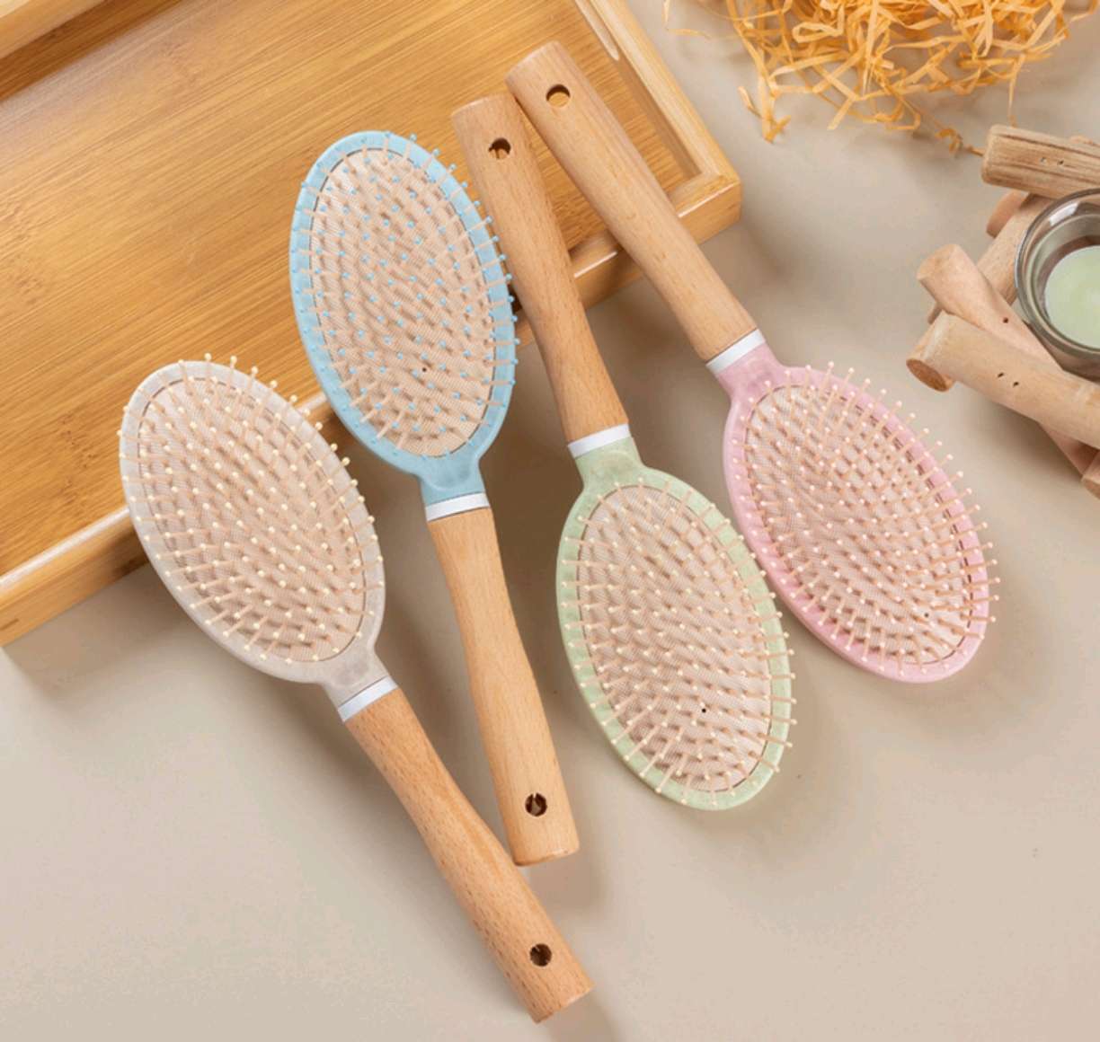时尚榉木气垫按摩梳女士美发梳子麦秸秆气囊梳便携家用造型梳吊卡卷发梳详情图3