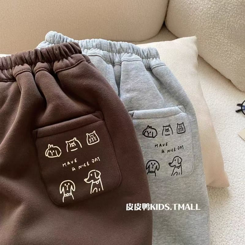 Boys' sports long pants for autumn, spring and autumn new one-piece fleece pants, hand-painted dog, baby, children's clothing, baby stylish pants details Picture