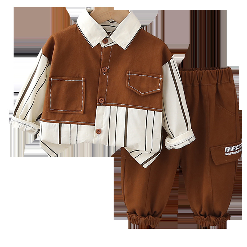 Vertical striped two-piece set for boys' autumn fashion, new casual wear, Korean-style shirt for children, spring and autumn two-piece set Item Picture