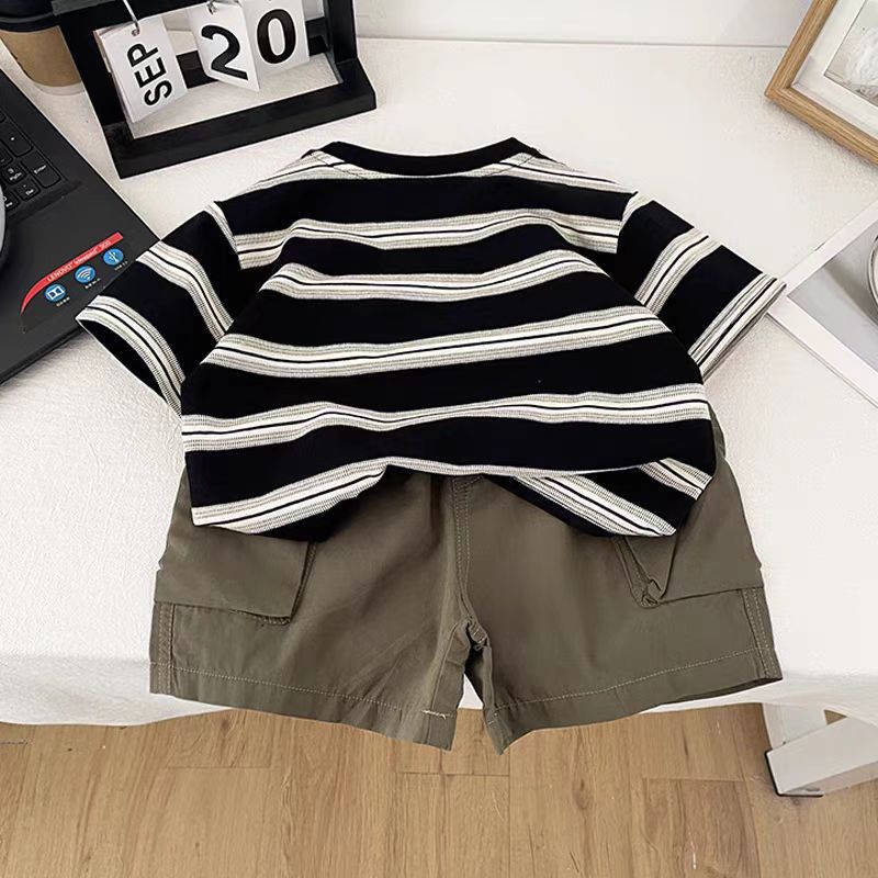 Boys' Summer Set 2025 New style Children's striped short-sleeved summer clothes, baby boys' fashionable puller print details Picture