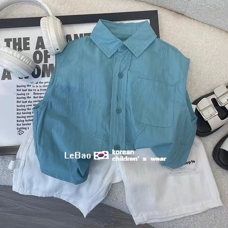 Children's set 2024 Summer New Classic Korean-style sleeveless shirts for boys and girls, stylish casual mid-length pants two-piece set Specification drawing