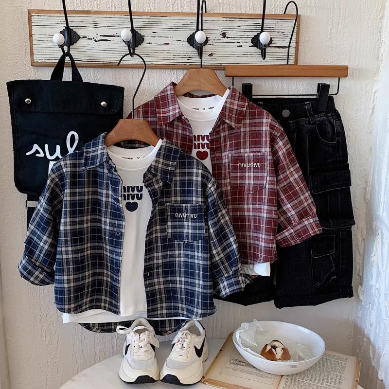 Boys' Spring and Autumn long-sleeved shirts 2025 Spring collection Korean style children's stylish shirts, baby checkered tops trendy Specification drawing