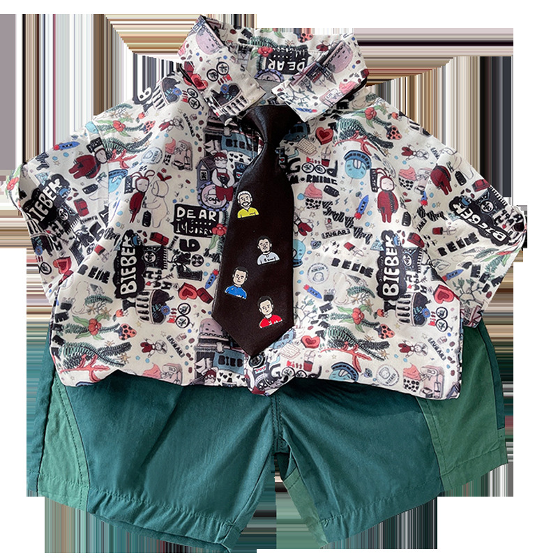 Boys' floral shirt 2024 Summer Korean style fashionable cartoon shirt Children's casual shorts Baby overalls trendy Item Picture