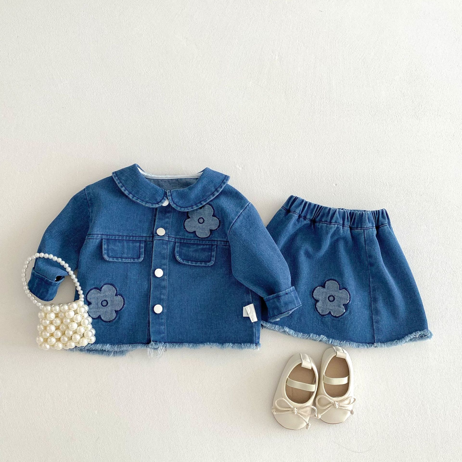 Girls' Denim Set 2025 New Spring Children's Korean-style lapel embroidered coat and Trendy baby skirt two-piece set full figure