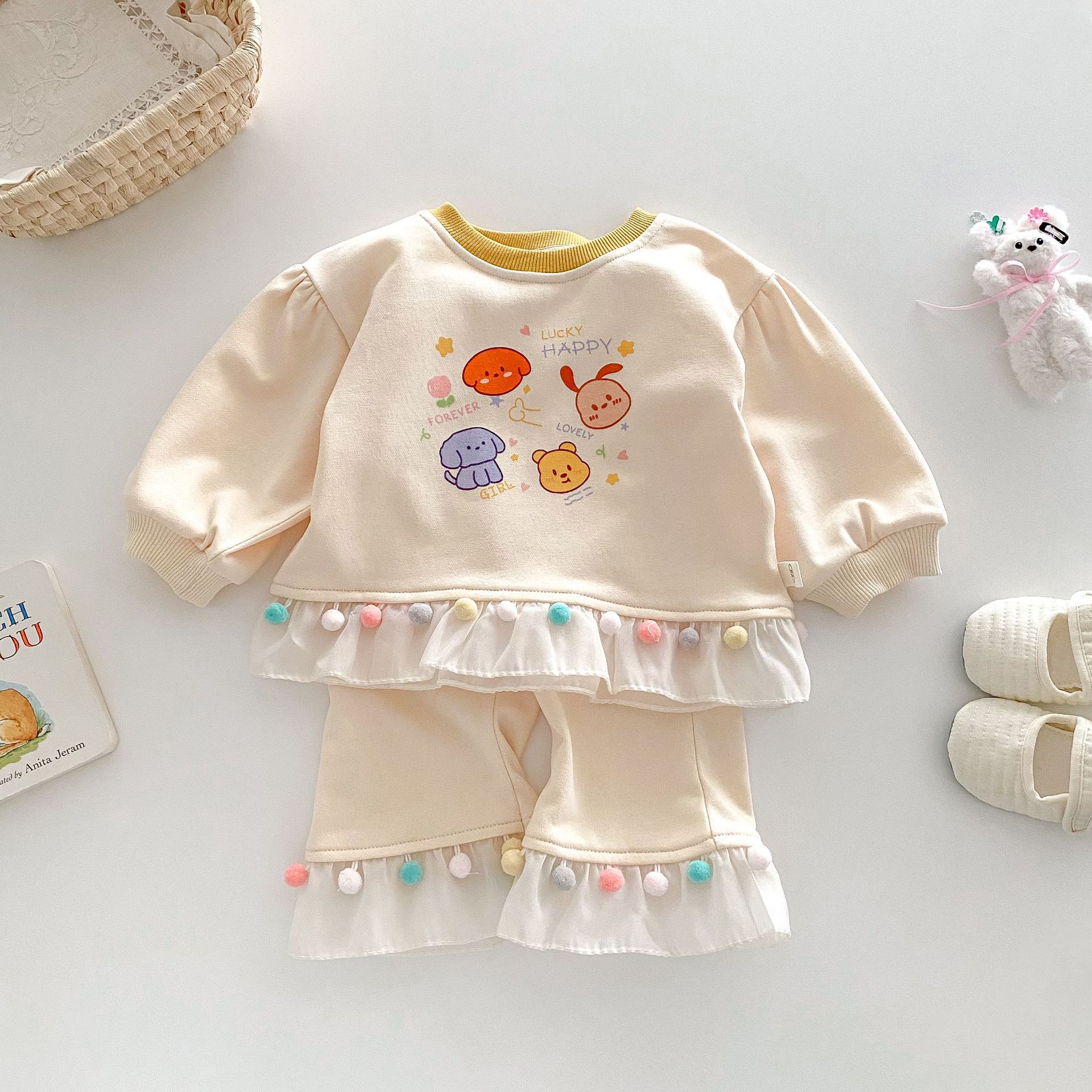 Baby Cartoon Set 2025 New Spring Girls' Stylish Cartoon hoodie, Children's Colorful Ball Casual Pants Two-piece set full figure