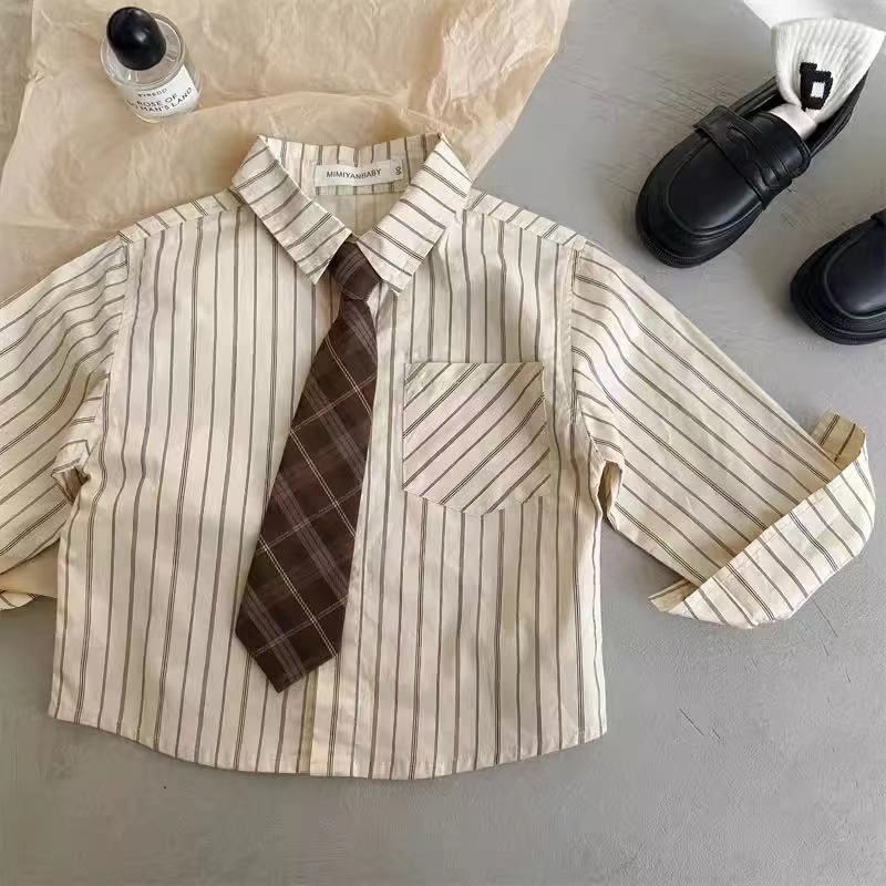 Children's long-sleeved shirts with a school style for spring 2024, featuring Korean-style fashionable striped casual tie shirts for both boys and girls full figure