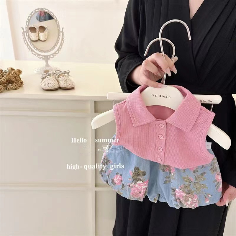 Summer girls' Korean-style lapel solid color vest, girls' light and thin floral soft denim flower bud shorts, summer set Application Scenario