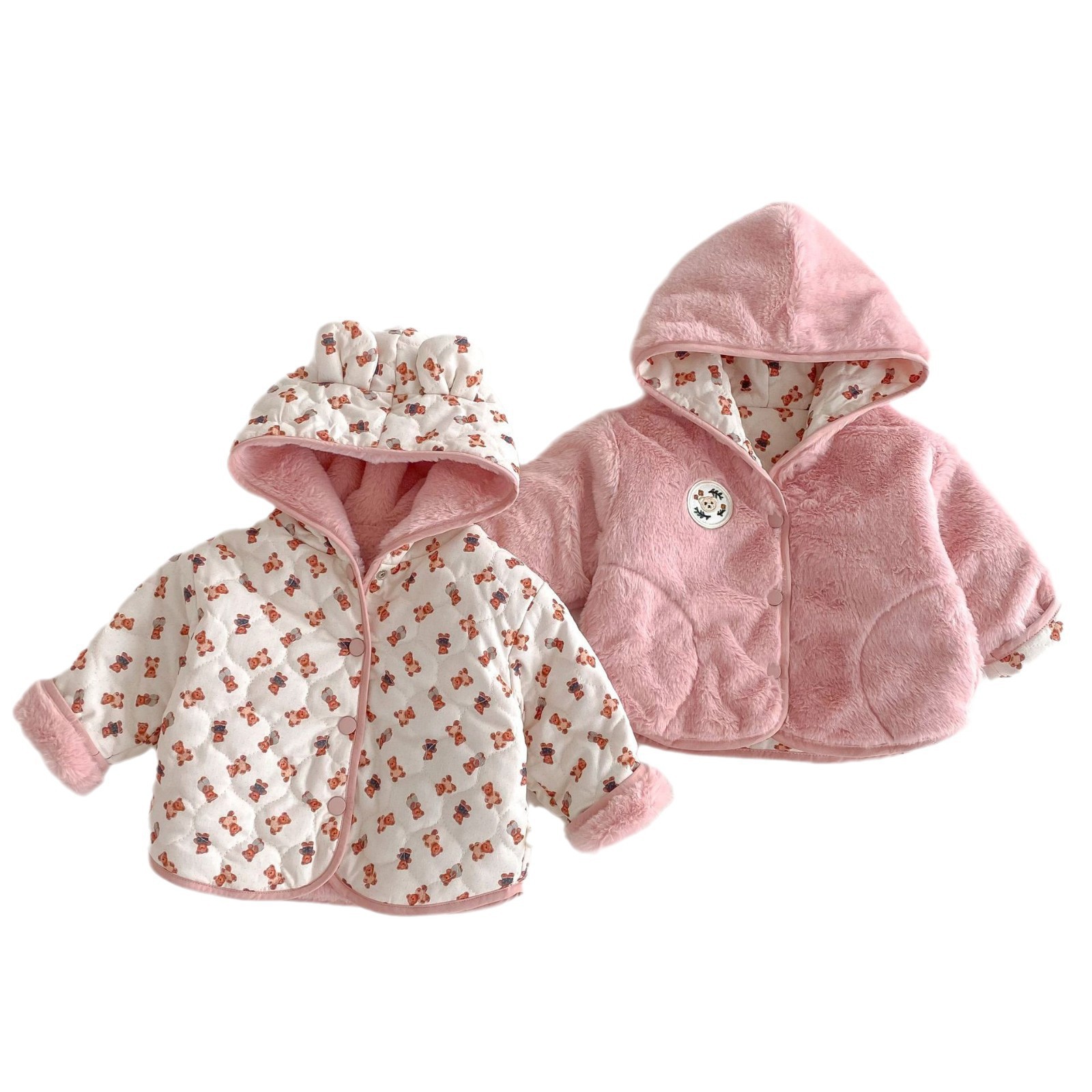 Girls' fashionable cotton-padded clothes, double-sided stylish coats for winter girls aged 0-5, children's full-printed bear winter clothes AY694 Item Picture