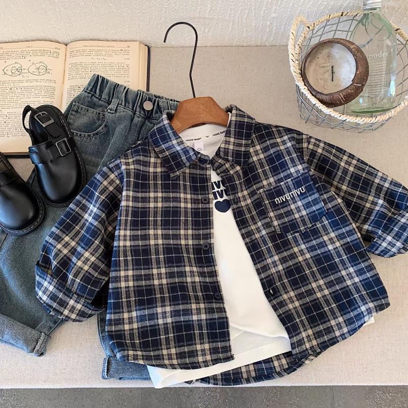 Boys' Spring and Autumn long-sleeved shirts 2025 Spring collection Korean style children's stylish shirts, baby checkered tops trendy Item Picture
