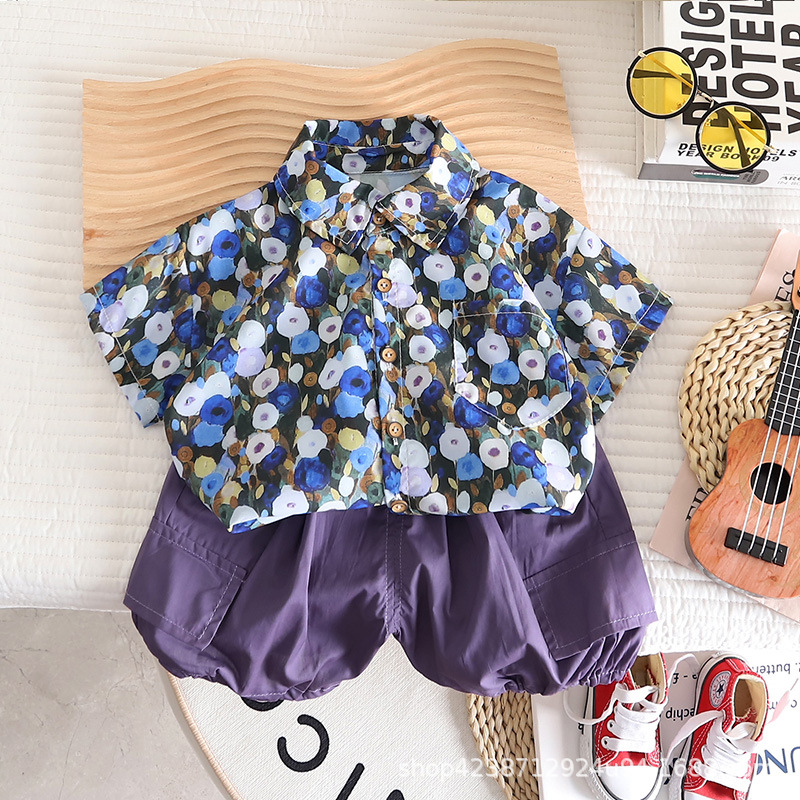 Boys' short-sleeved shirt, thin baby summer Korean-style shirt 2023 summer floral cardigan, stylish cardigan for children full figure