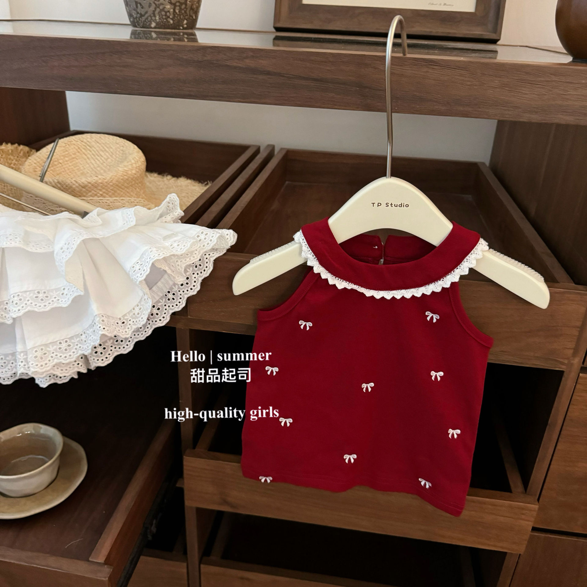 Ballet Aesthetics! 2025 Girls' Summer Red Bow Print Vest with Cutout Cake Skirt and Pants Set Specification drawing