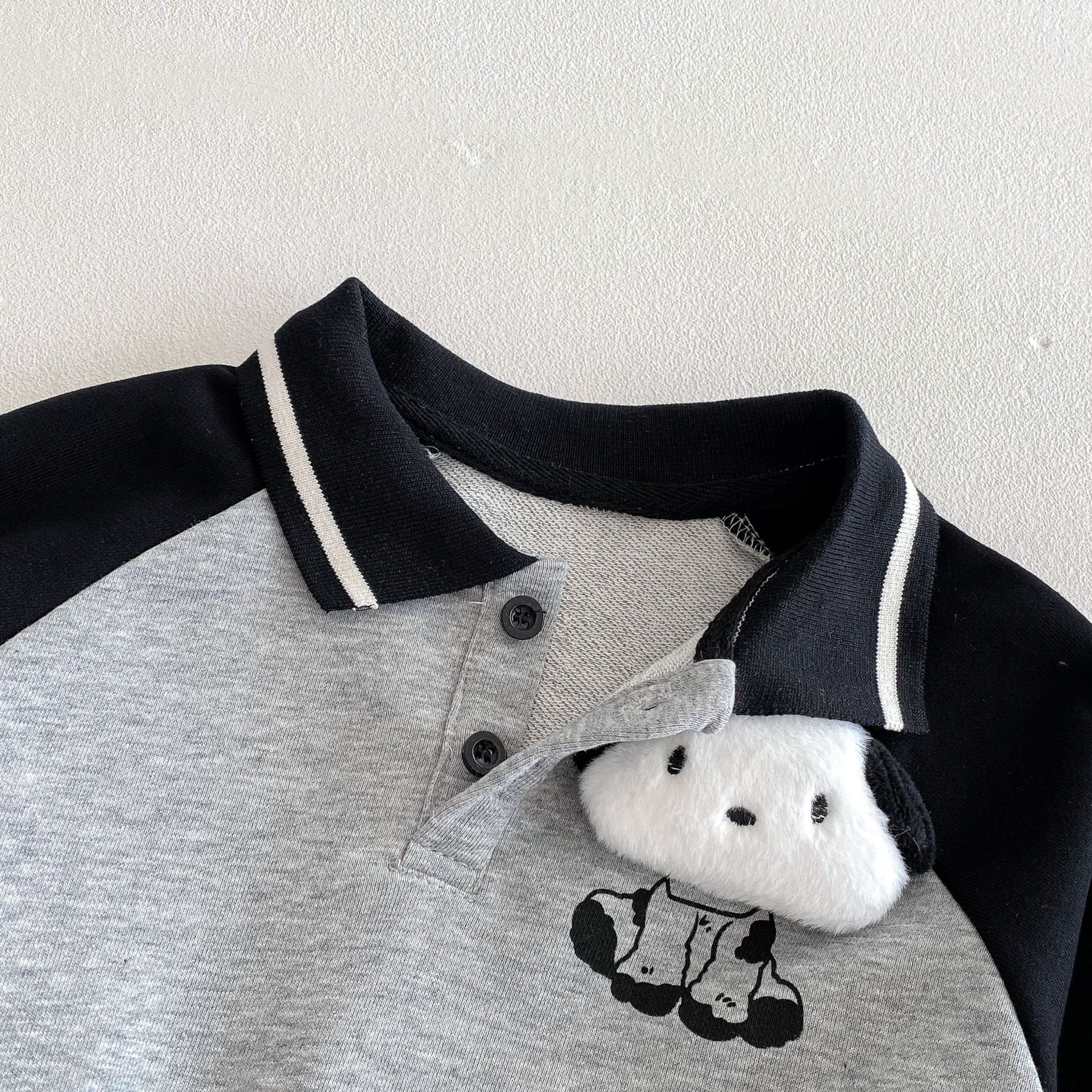 Children's cartoon doll hoodie 2025 new spring Boys' color-block pullover, baby Korean style spring Polo shirt Specification drawing
