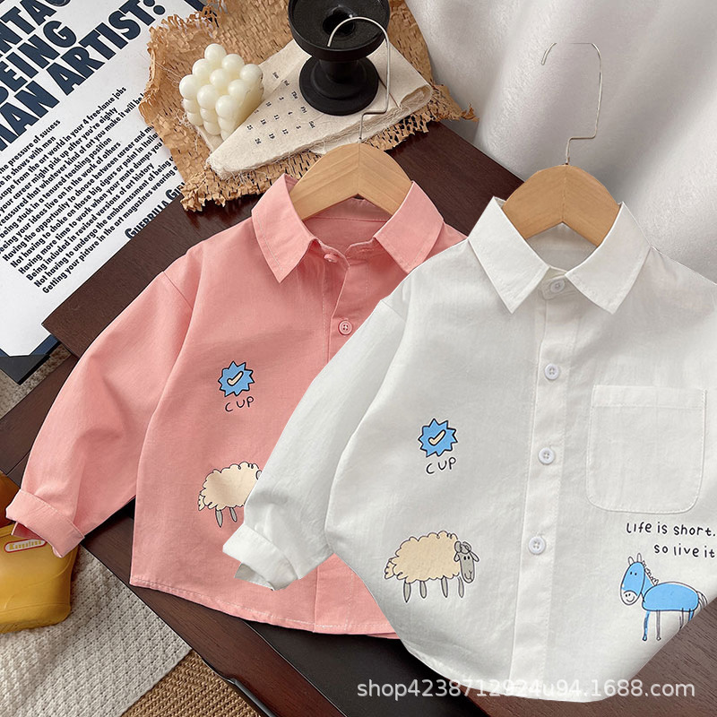 Boys' pure cotton shirt for spring and autumn 2025 new style, cartoon and fashionable thin shirt for children and babies, long-sleeved top, trendy full figure
