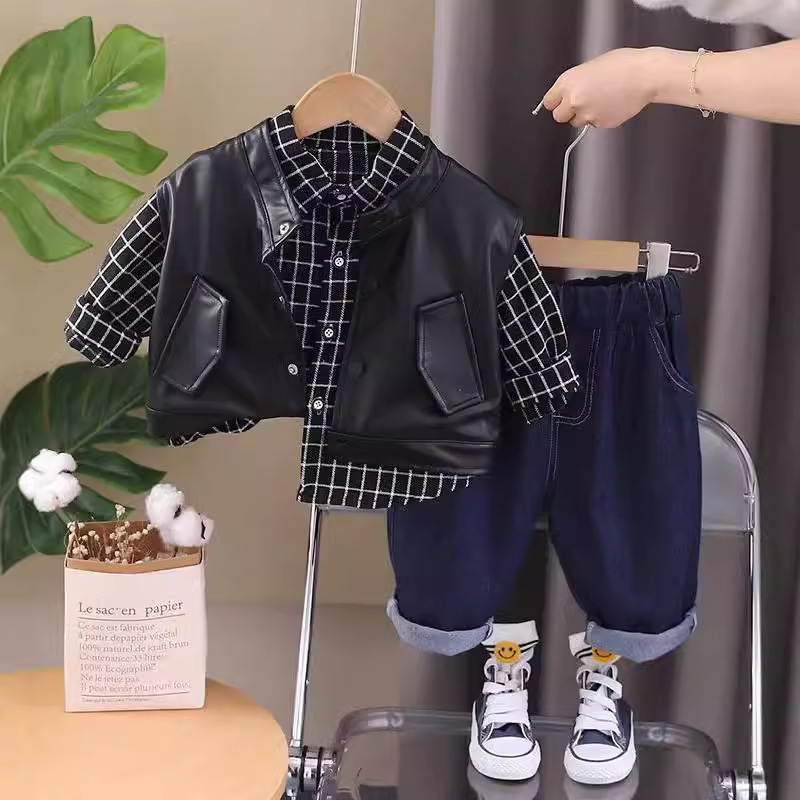 The 2024 autumn new leather vest three-piece boys' set, leather jacket, vest and shirt set, is fashionable and trendy for boys Specification drawing