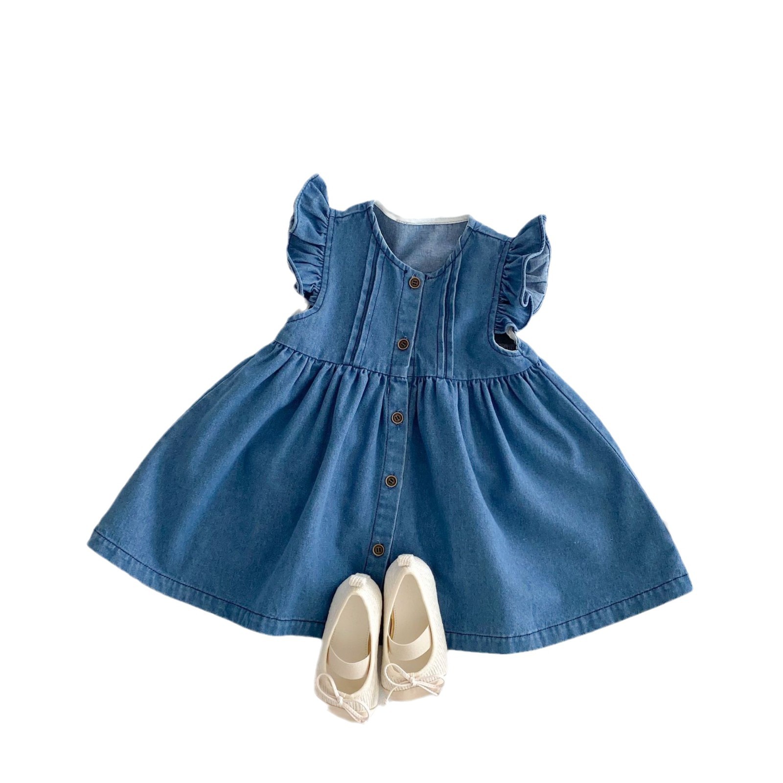 Girls' solid-color dress 2025 new spring baby flying sleeve denim dress, children's solid-color soft Korean-style dress Item Picture
