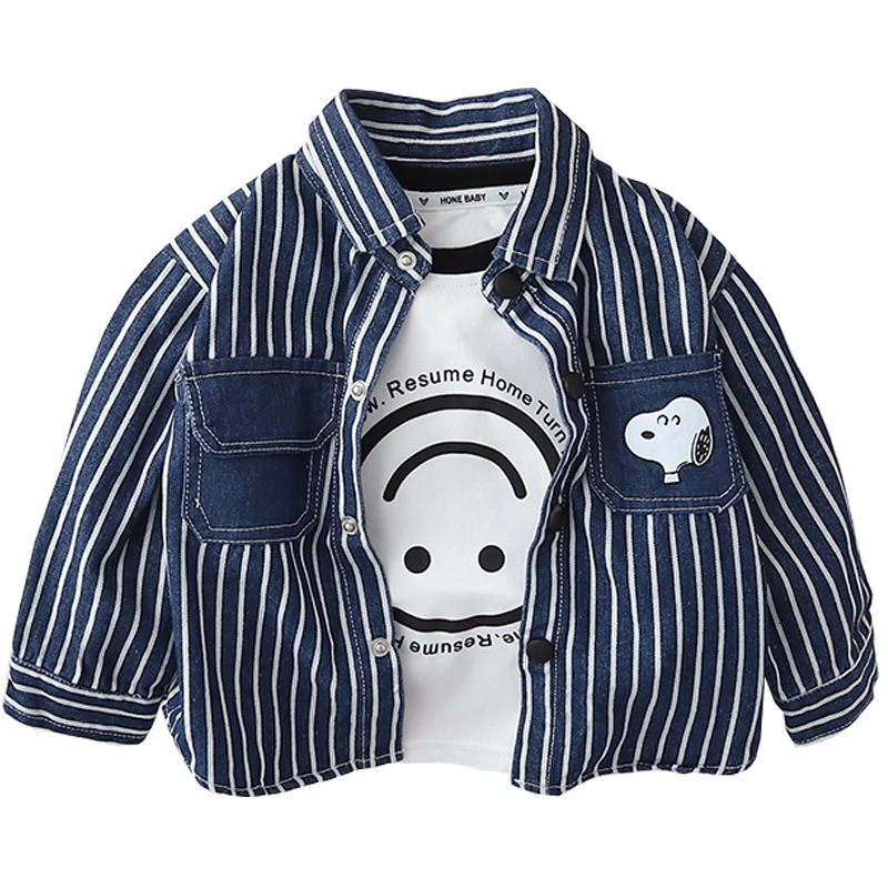 Boys' shirts 2023, spring and autumn baby clothes, striped coats, stylish denim tops, and trendy shirts for children Item Picture