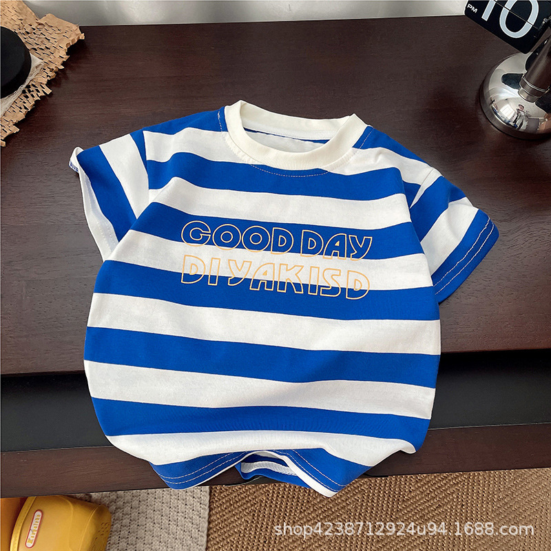 2025 New Boys' summer dress with English striped short-sleeved sleeves, stylish boys' baby clothes, trendy children's two-piece set Specification drawing