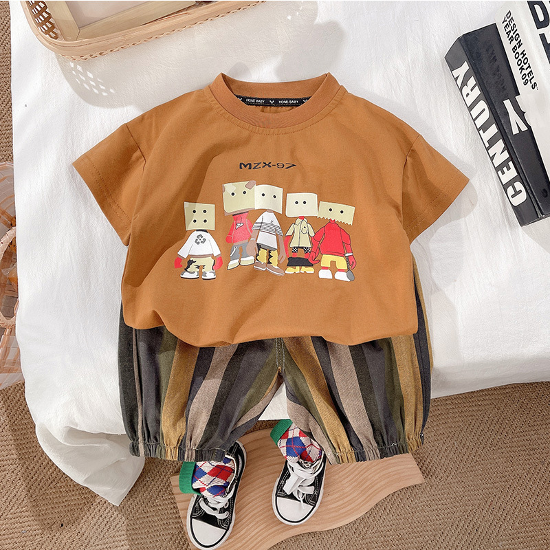 Boys' short-sleeved T-shirt, summer girls' robot caramel-colored half-sleeved thin top, children's set wholesale Application Scenario