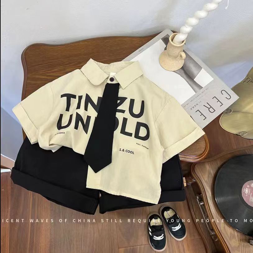 Boys' stylish summer shirt 2024 Summer New Korean-style children's short-sleeved loose and fashionable summer two-piece set, trendy full figure