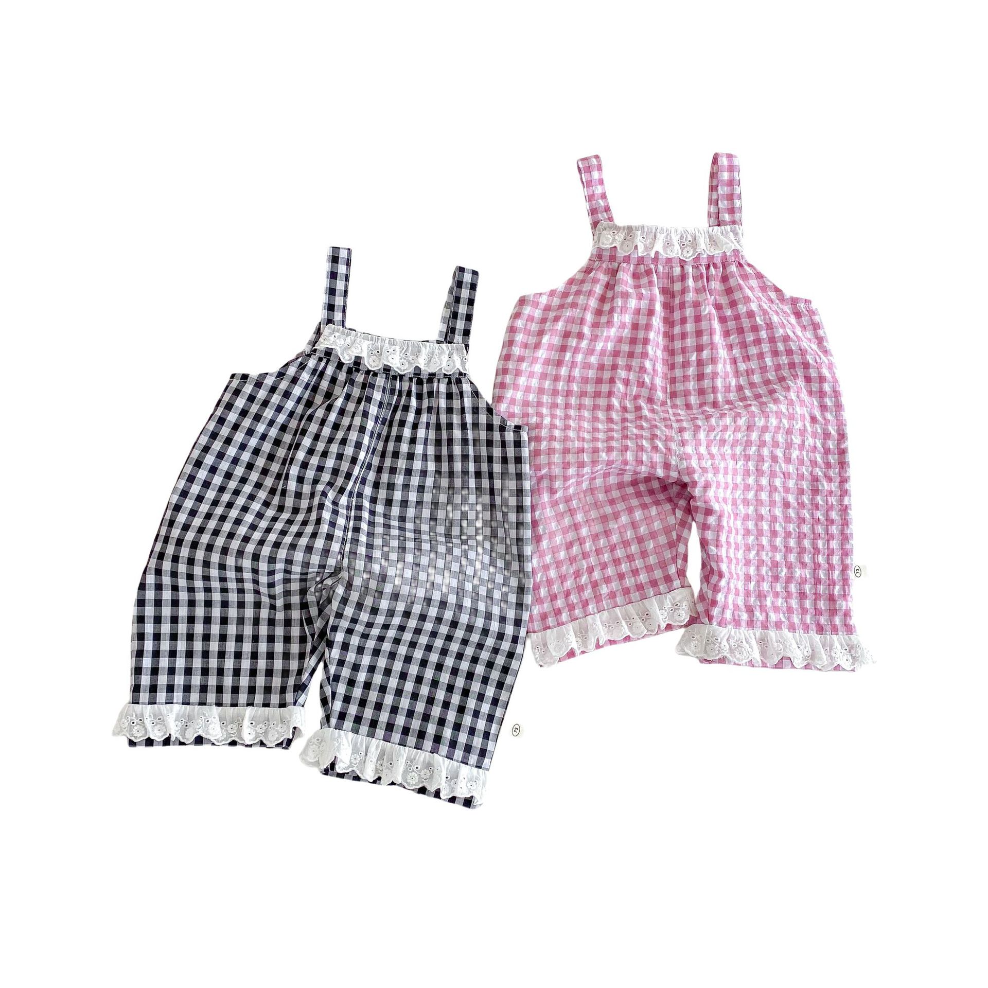 Baby checkered overalls 2025 new style summer baby stylish Korean-style casual pants Children's summer lace pants Item Picture