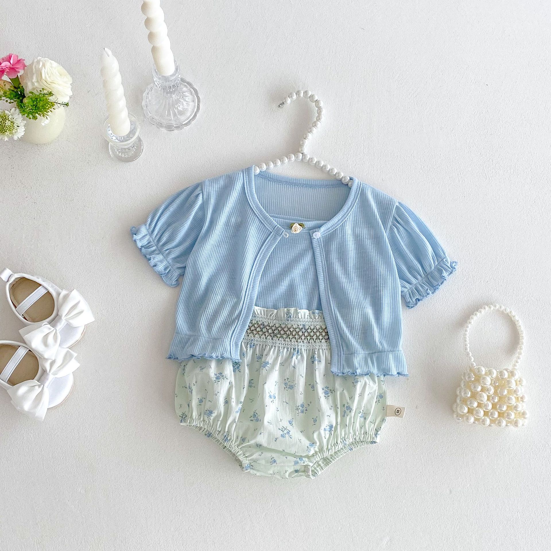Baby Floral Print Set 2025 New Summer Baby Korean-style knitted sweater, trendy halter top, waistcoat and bottom pants three-piece set full figure