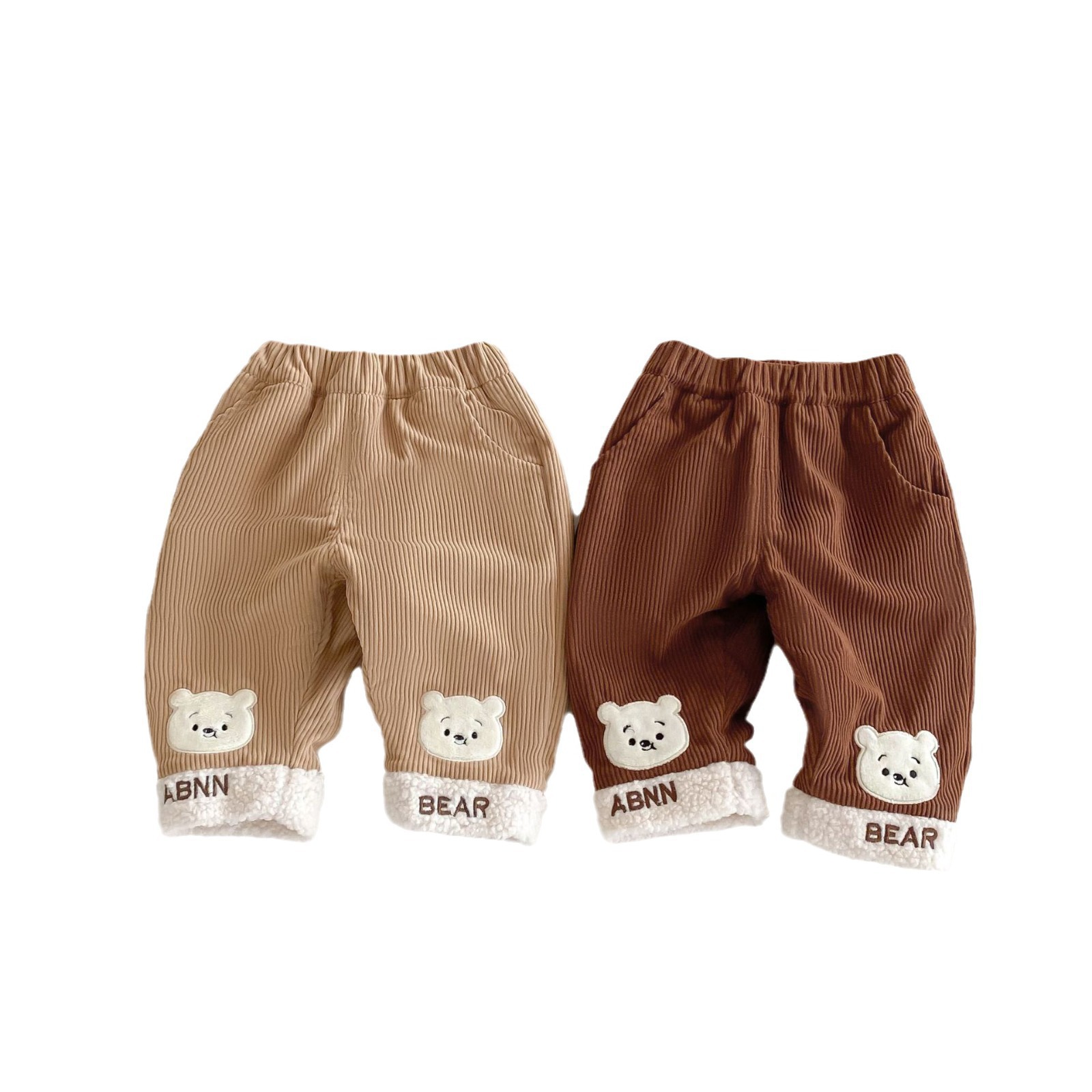 Children's fleece casual pants for 0-5 years old, winter boys' teddy bear patch sweatpants, girls' corduroy sportswear pants AK232 Item Picture