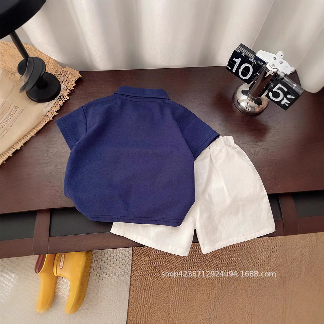 Korean children's summer new embroidered polo shirts for boys and girls, baby short sleeves and shorts, stylish two-piece set, trendy details Picture