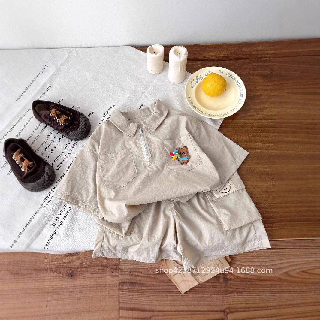 Boys' Summer Set 2025 New Style Children's Cool Little Kids short-sleeved shirt collar capri pants two-piece set details Picture
