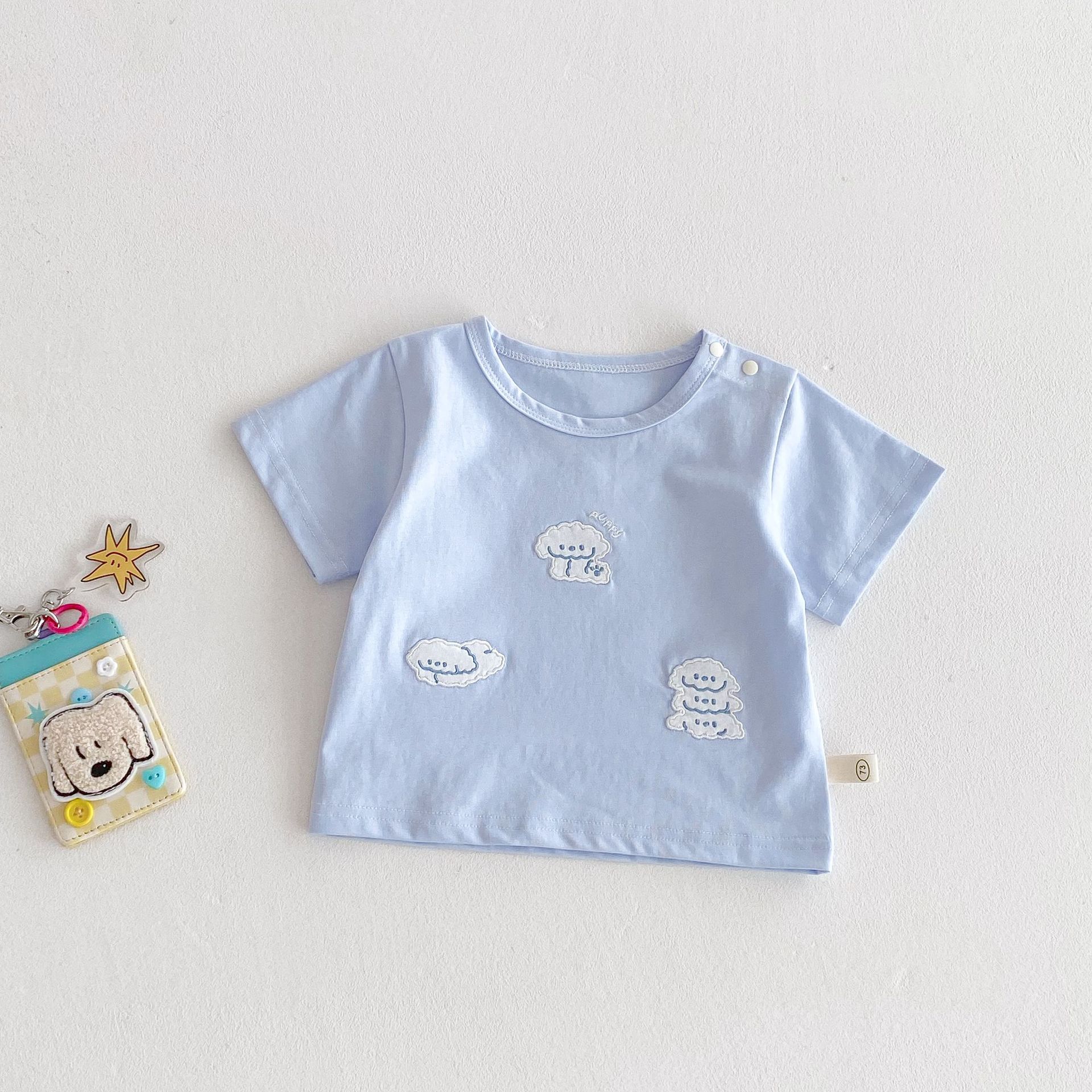 Children's Korean T-shirt 2025 New style Summer Boys' stylish embroidered label base shirt, cute baby denim overalls Specification drawing