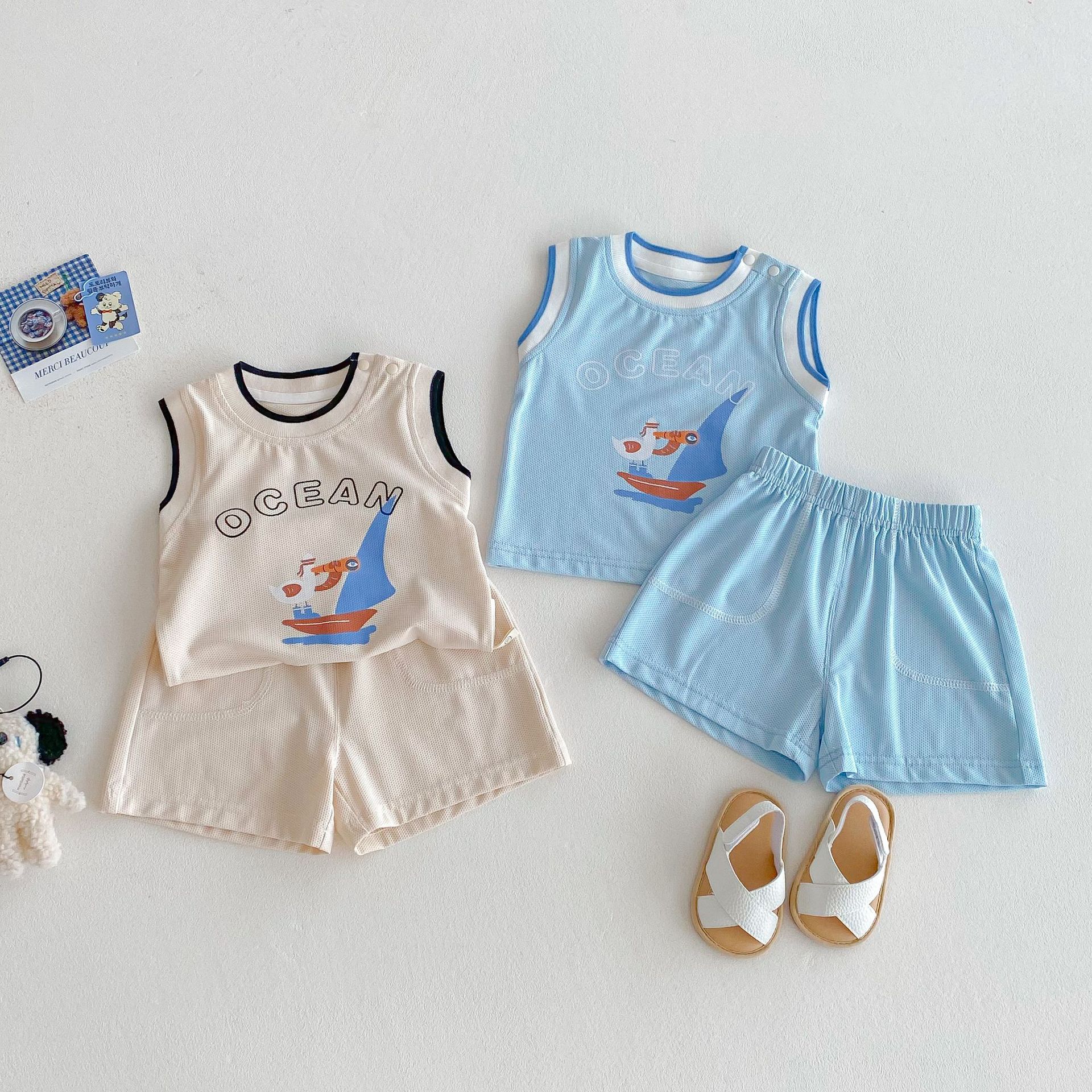 Children's Sports Set 2025 New Summer Boys' Korean Cartoon Breathable backrest Trendy Solid Color Shorts Two-piece set Specification drawing
