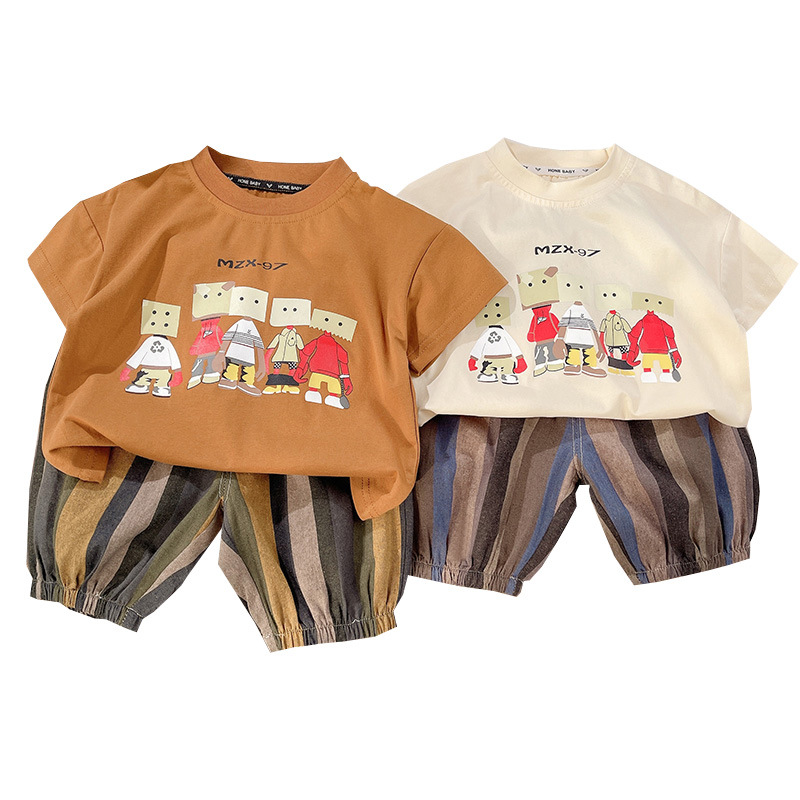 Boys' short-sleeved T-shirt, summer girls' robot caramel-colored half-sleeved thin top, children's set wholesale Item Picture