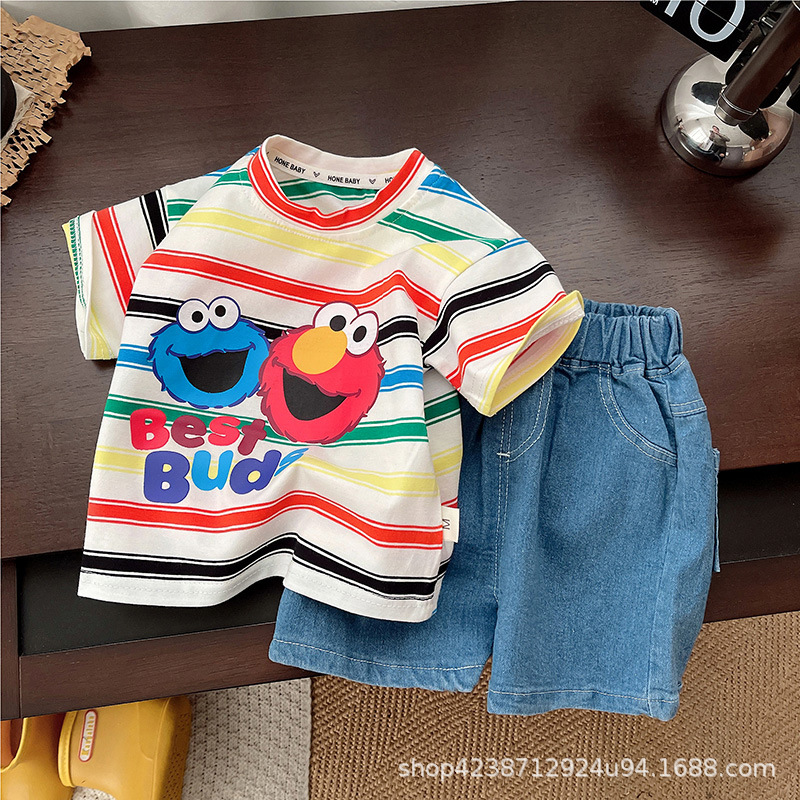 Children's cartoon short-sleeved T-shirt 2025 Summer Edition for Babies and Kids, rainbow striped loose half-sleeved boys' summer set full figure
