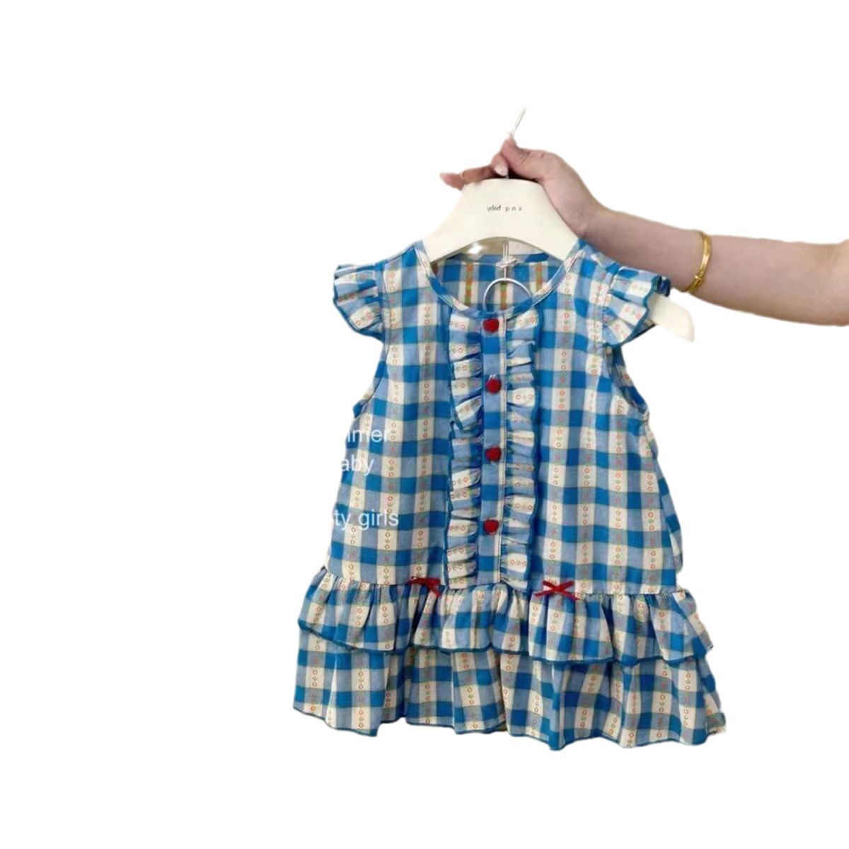 Korean children's clothing 2024 new summer Girls' plaid set with ruffled sleeves, a stylish jacquard plaid top for baby girls Item Picture