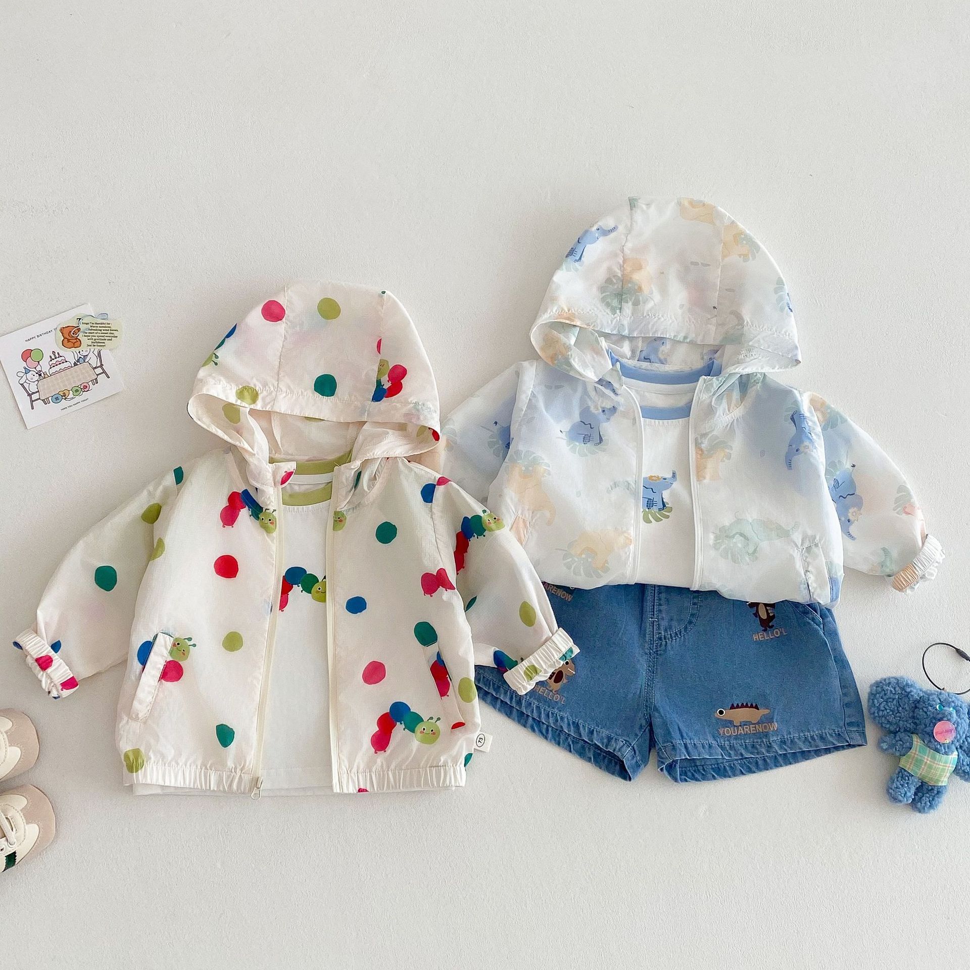 Girls' hooded air-conditioned shirt 2025 new style summer baby Korean-style stylish full-print summer dress thin cartoon polka dot coat details Picture