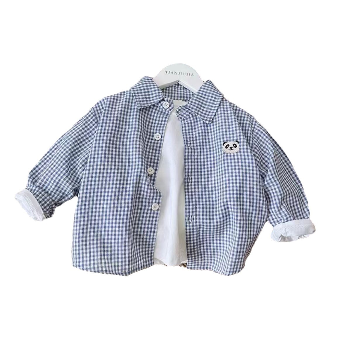 Children's casual long-sleeved shirt, casual and cute panda shirt, blue checkered boys' autumn wear, children's wear, girls' top Item Picture