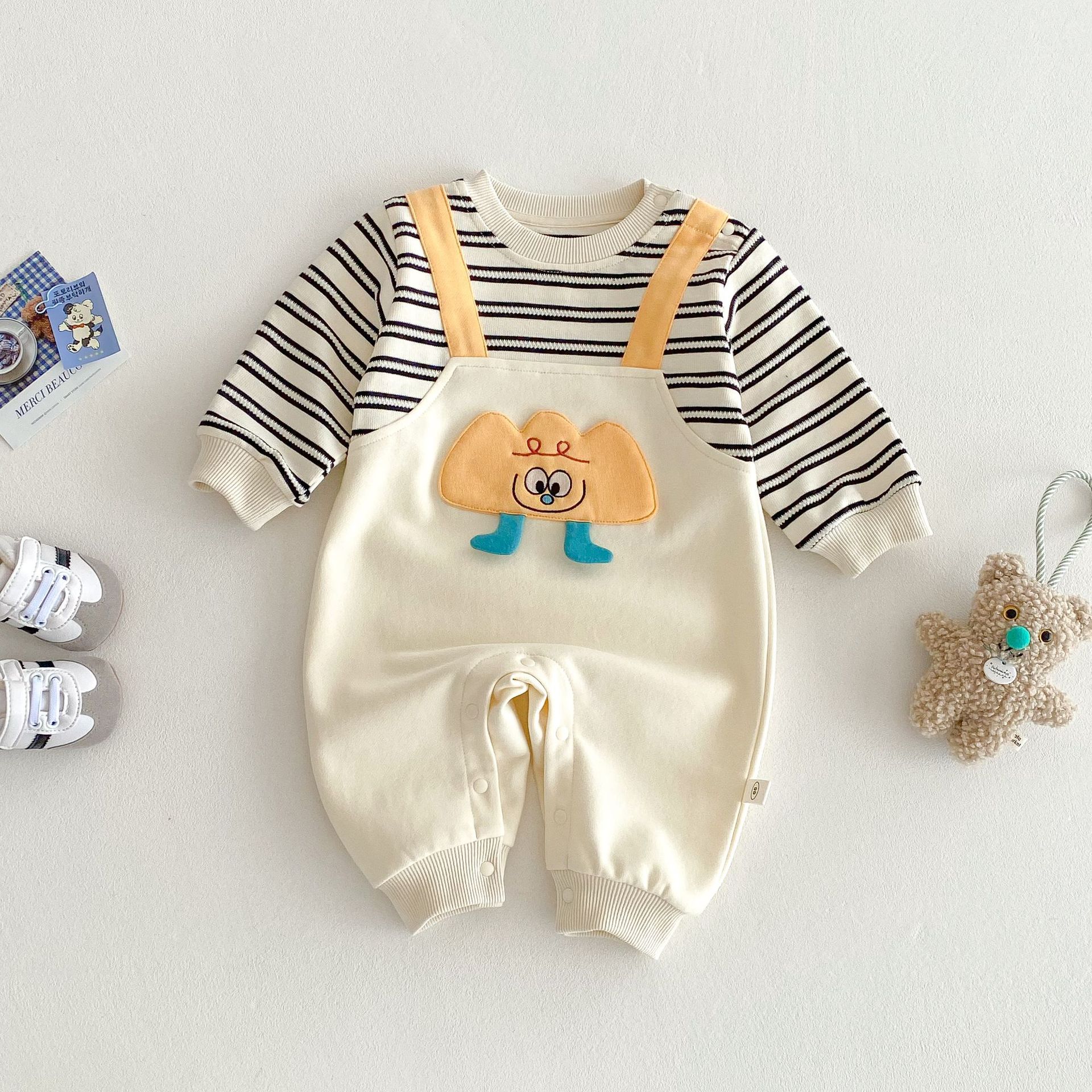 Baby cartoon jumpsuit 2025 new spring 0-5 years old baby striped false two-piece crawling suit newborn clothing full figure