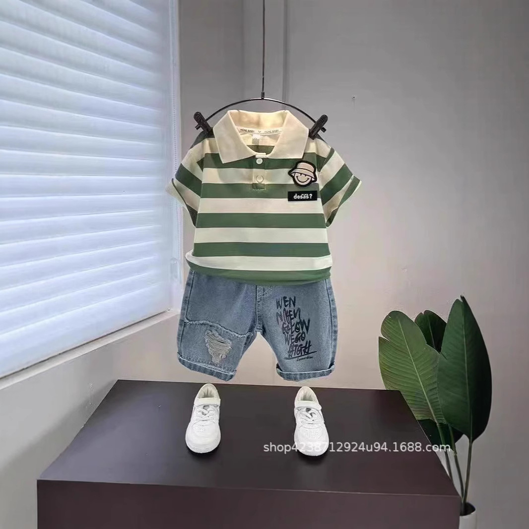 Boys' Summer Set 2025 New Style Stylish short-sleeved striped Polo shirt Cool Little boy Summer two-piece set trendy full figure