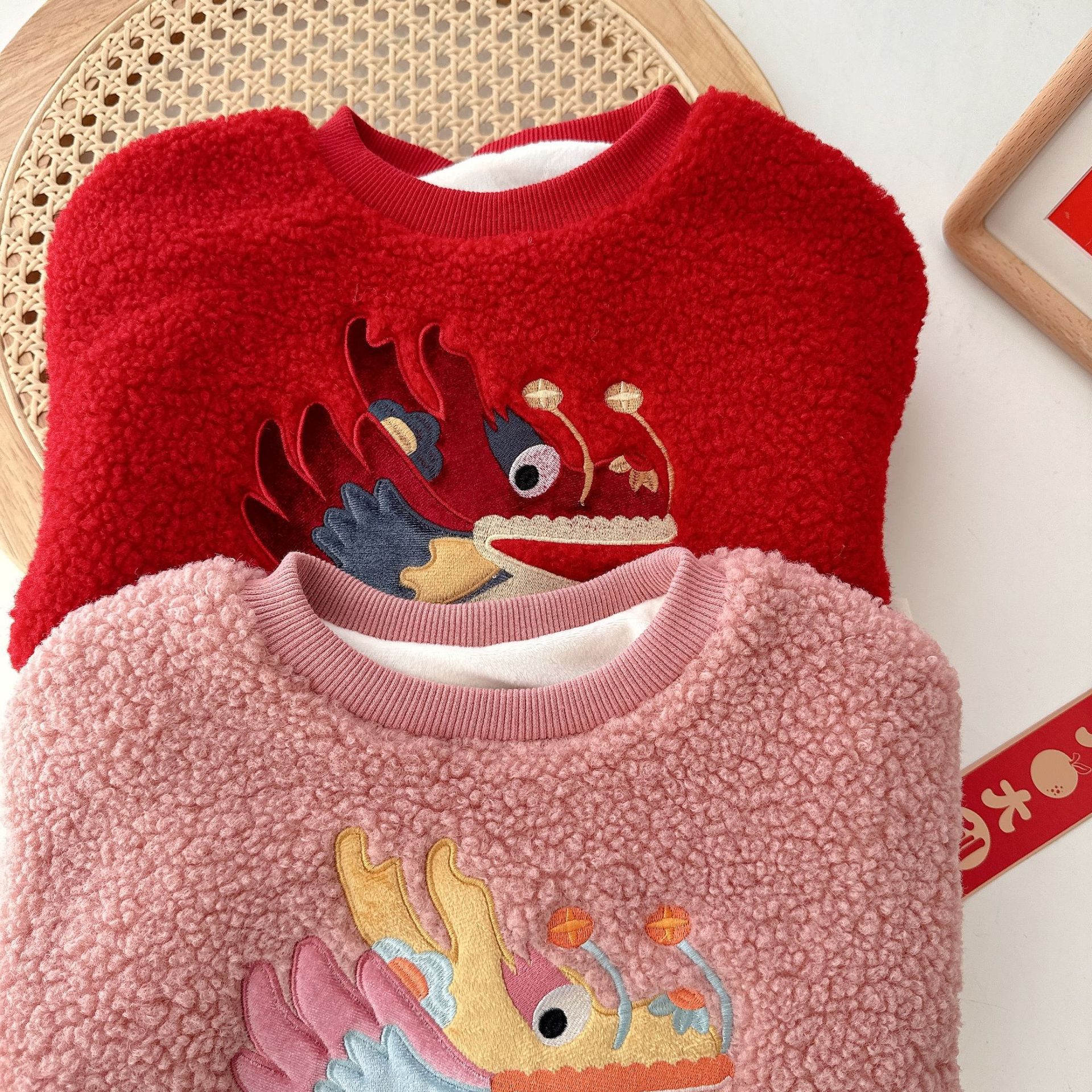Children's fleece hoodie winter Class a, girls' thickened festive New Year wear, boys' granular fleece embroidered winter wear AY668 Specification drawing