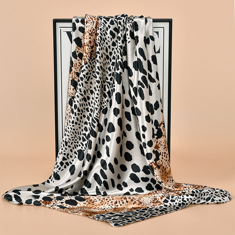 Cross-border bestseller Autumn new leopard print color-blocking 90cm square scarf, European and American fashionable style scarf, headscarf and shawl Specification drawing