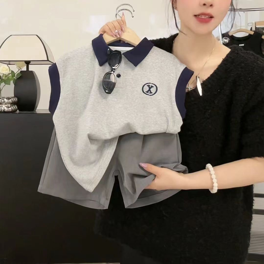 Summer children's sleeveless shorts set 2024 New style for boys and girls Korean-style trendy casual lapel shirts and mid-length trousers full figure