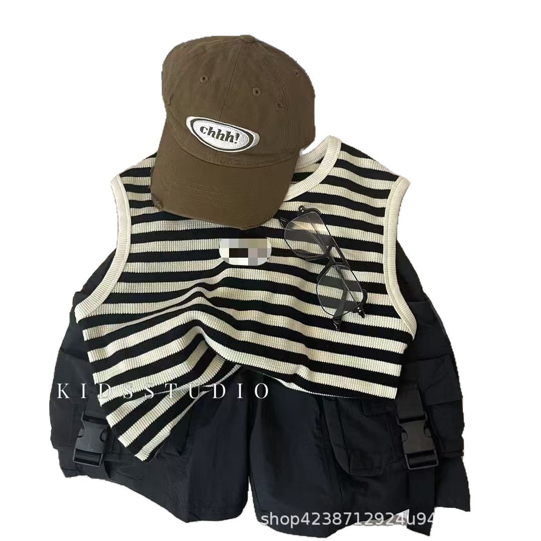 Children's vest set, summer boys' striped sleeveless T-shirt, 2025 new style boys' Korean-style cool and stylish work pants Item Picture