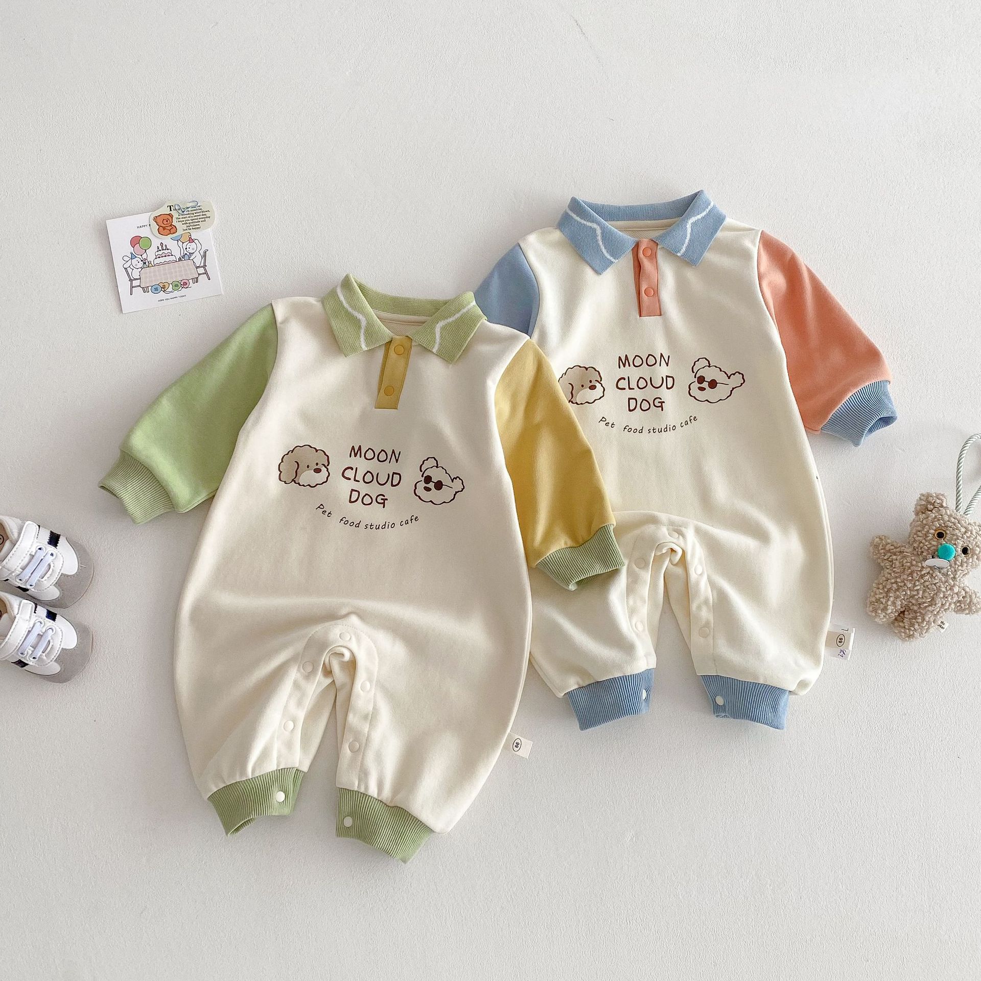 Baby fashion jumpsuit 2025 New Spring baby letter cartoon color-blocking Hayi Newborn Korean-style clothes full figure