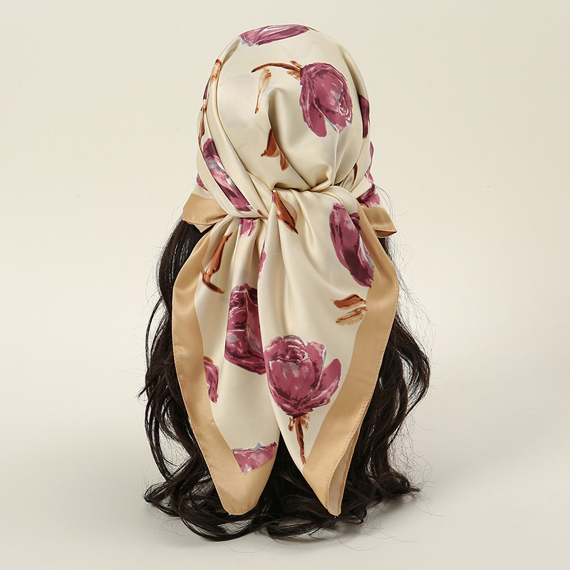 2024 New Spring/Summer rose printed silk scarf, 85cm faux silk small square scarf, versatile decorative neckerchief for women full figure