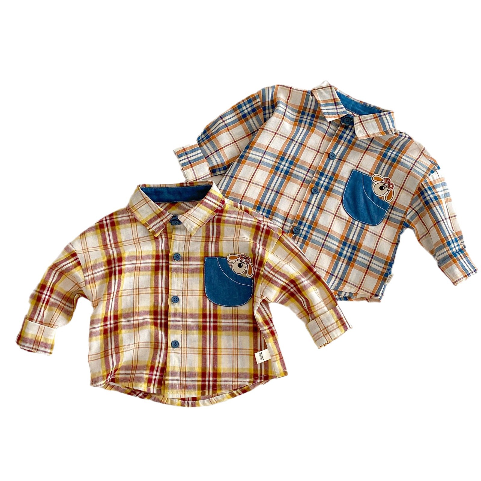Children's checkered shirt 2025 new spring Boys' fashion patchwork denim cartoon shirt Baby Korean style spring wear Item Picture