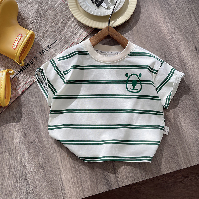 Trendy boys' striped short-sleeved set 2025 New summer dress for kids, Korean style T-shirt and shorts two-piece baby top details Picture