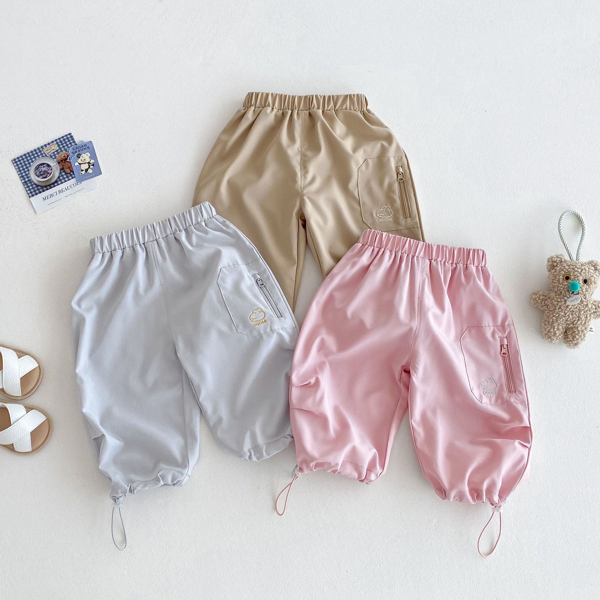 Children's cool workwear pants 2025 new summer solid color breathable casual pants for girls and Korean cartoon pants for boys Specification drawing