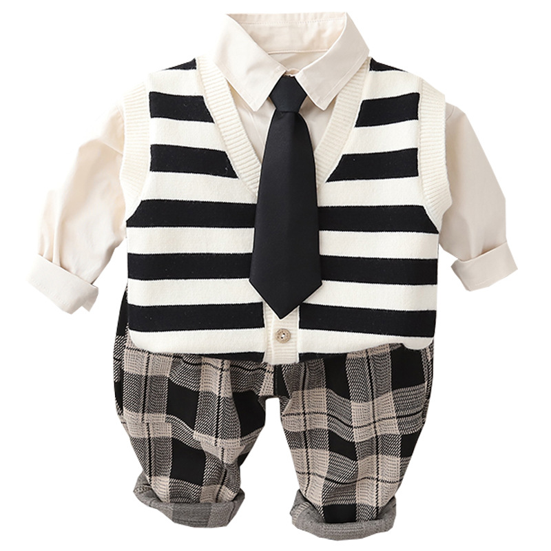 Boys' Spring and Autumn Collection 2023 New Stylish knitted sweater, vest, cardigan, Little boy Boy three-piece set, trendy style Item Picture