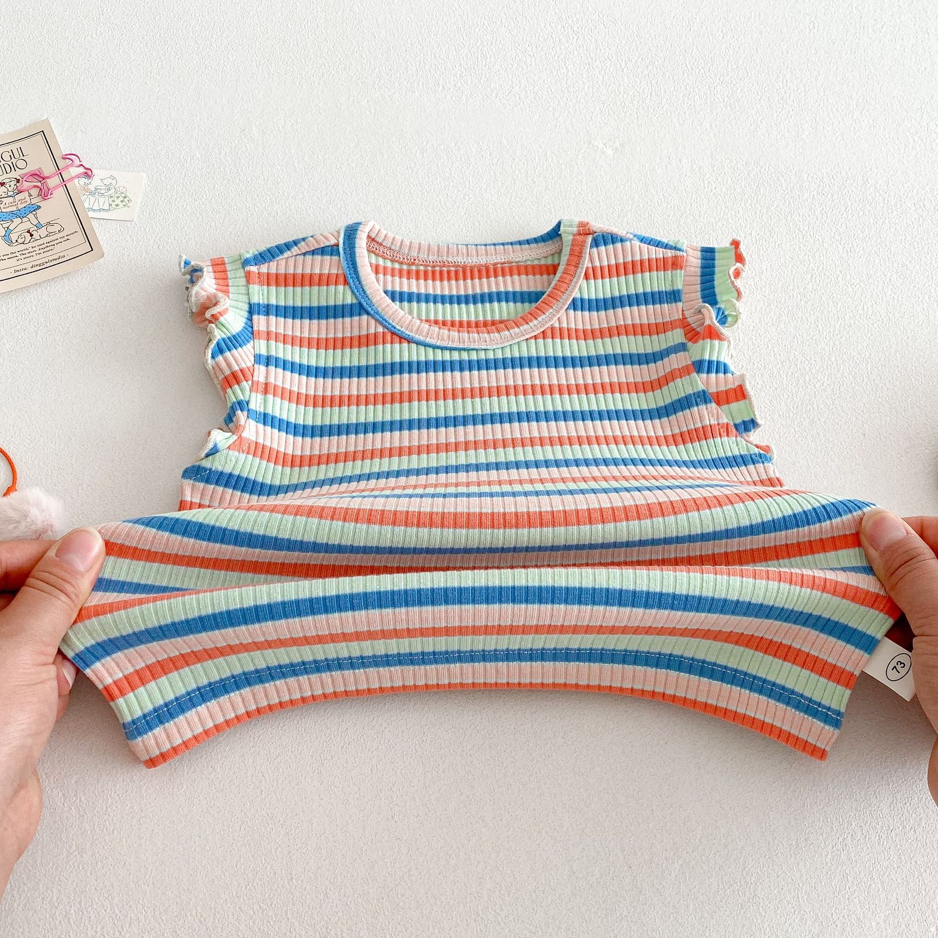 Girls' striped T-shirt 2025 new style children's summer clothing Huzhou Zhili Children's Clothing Summer baby rainbow striped vest thin Specification drawing