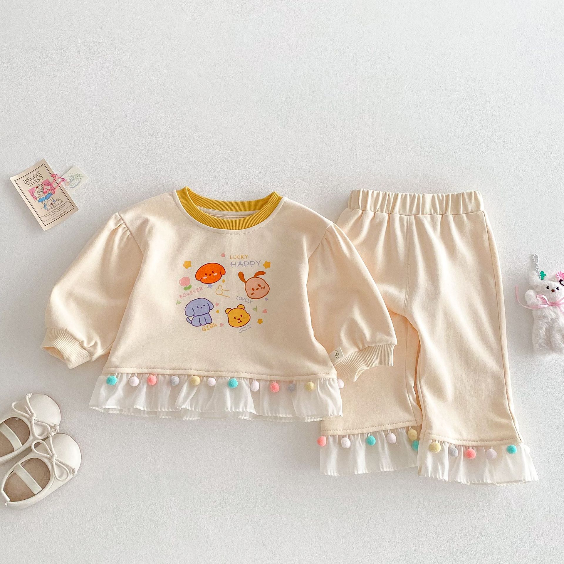 Baby Cartoon Set 2025 New Spring Girls' Stylish Cartoon hoodie, Children's Colorful Ball Casual Pants Two-piece set details Picture